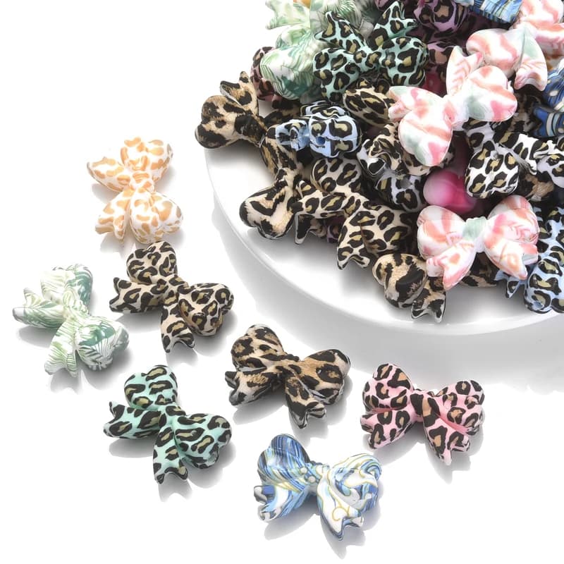 5 pz stampa leopardo fiocchi perline in Silicone 22x28mm bambino dentizione massaggiagengive perline fai da te bambino ciuccio catena braccialetto cura giocattoli da masticare regali