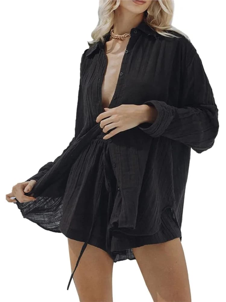 Completo Sportivo da Donna 2025: Set Due Pezzi con Camicia a Maniche Lunghe e Pantaloncini, Tinta Unita, Stile Casual e Comodo