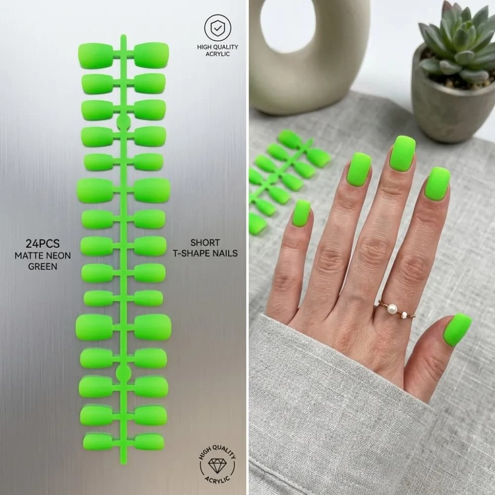 24PCS Matte Neon Green Short T-Shape Press on Nails Full Cover Artificial Fingernails Vibrant High Quality Acrylic Nail Tips