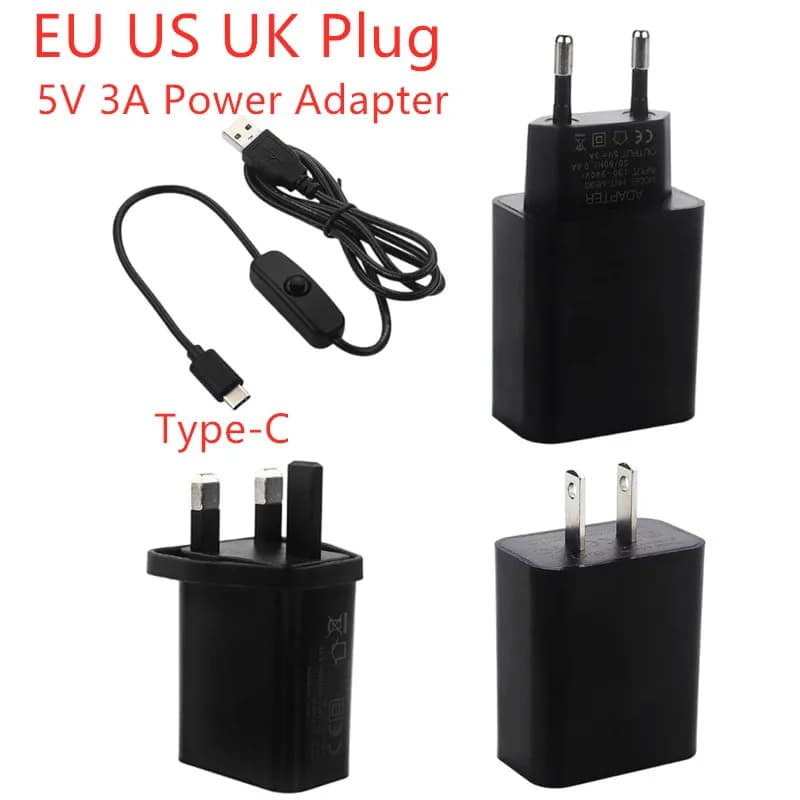 Alimentatore 5V 3A con interruttore ON/OFF Caricatore con spina EU US UK Adattatore di alimentazione USB tipo C per Raspberry Pi 4 per Orange Pi Zero 3/3B