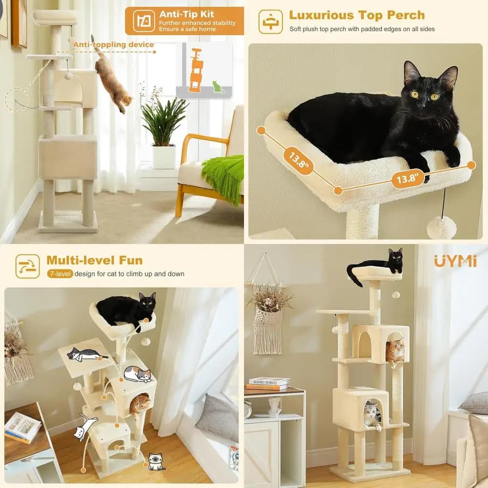 Albero per Gatti da Interno Beige 62 con 2 Stanze, 4 Tiragraffi e 2 Piattaforme