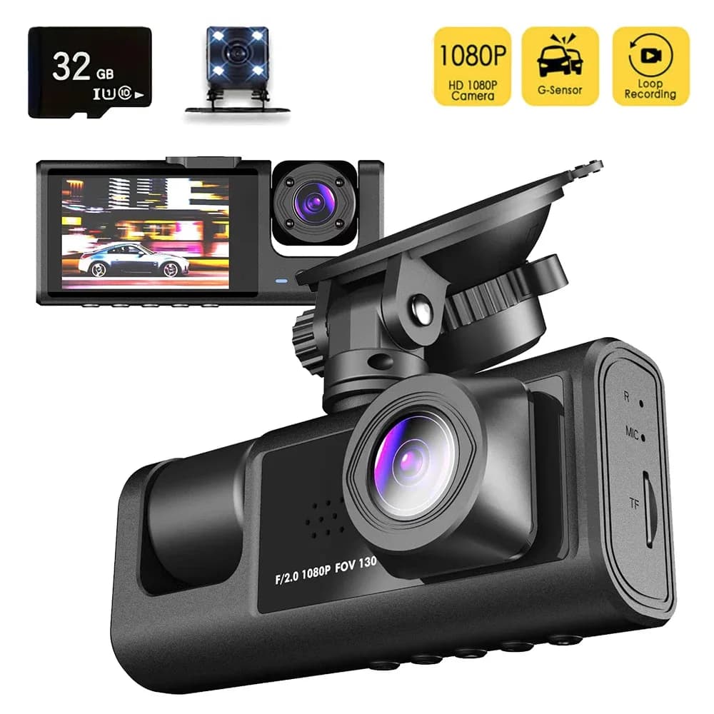 3-channel Car Camera Dashcam IR 1080P Dashcam night vision for internal vehicles with 32GB memory card Loop recording DVR camera for cars