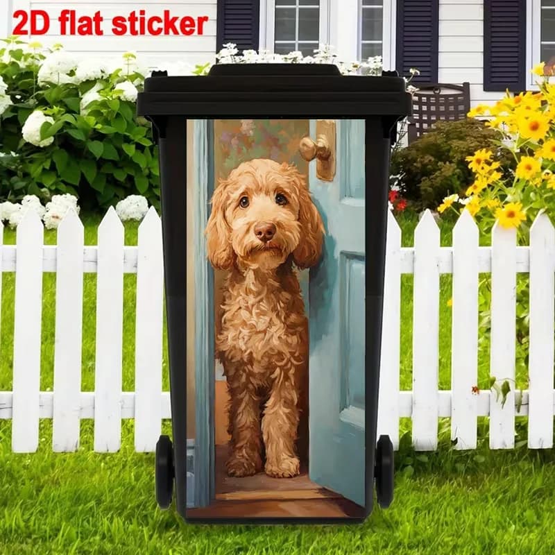 1 2D cute fluffy dog trash can sticker with bright colors self-adhesive, brown curly hair
