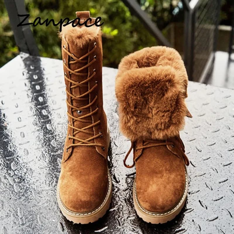 ZANPACE 2025 Winter Platform Women Boots Leather Fur Warm Plush Winter Snow Boots New Round Toe Lace-Up Winter Women Shoes