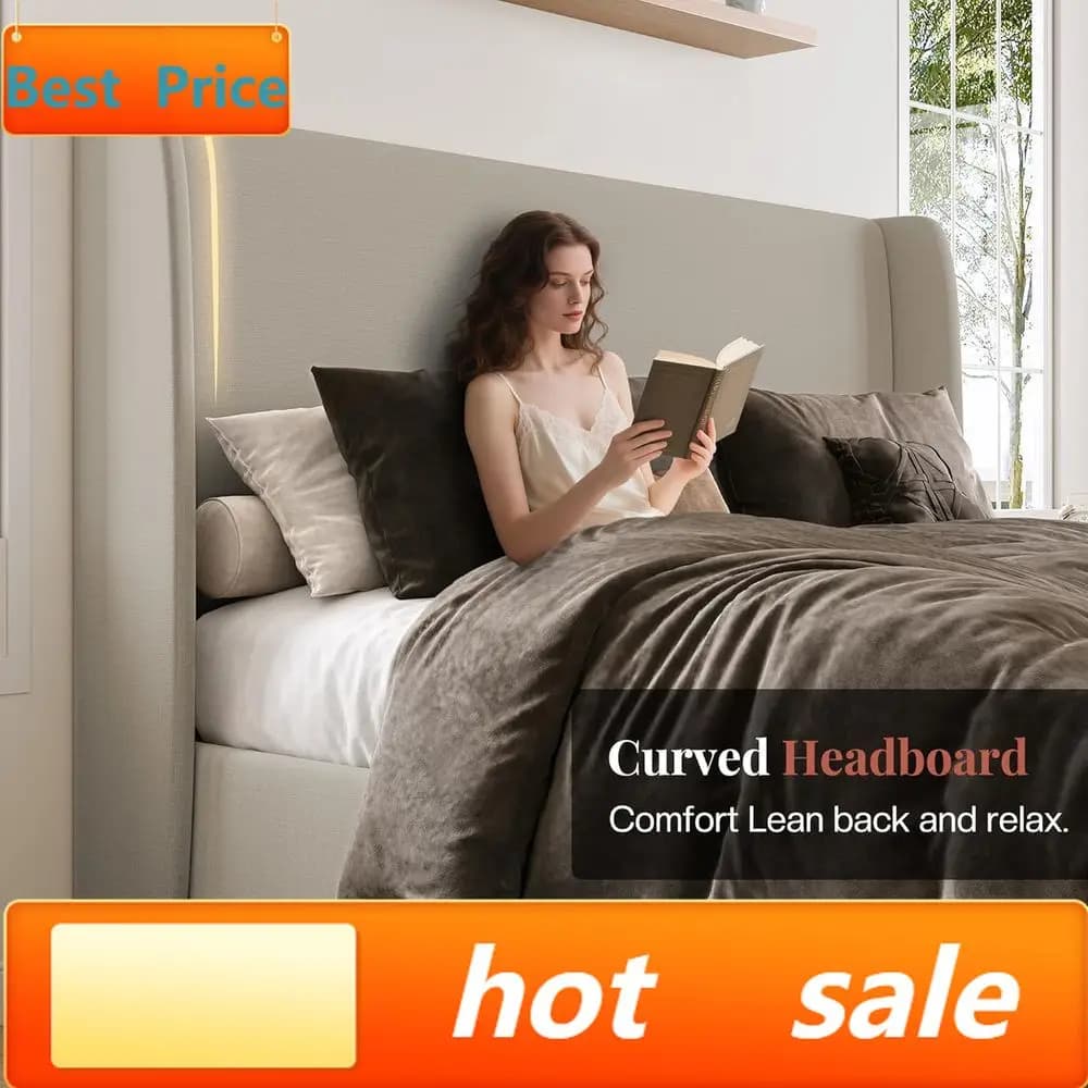 Letto con piattaforma PopularWingback con testiera alta 51,2 pollici, gambe in legno massello, non richiede rete a molle, lino marrone, adatto per arredamento moderno