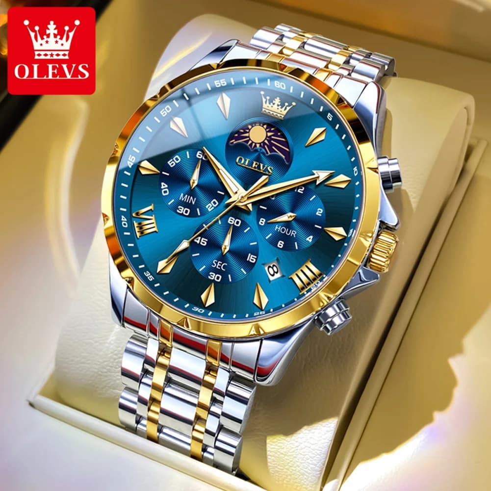 OLEVS Original Men's Watches New 7 Hands Multifunctional Quartz Watch for Men Steel Strap Moon Phase Chrono Waterproof Man Watch