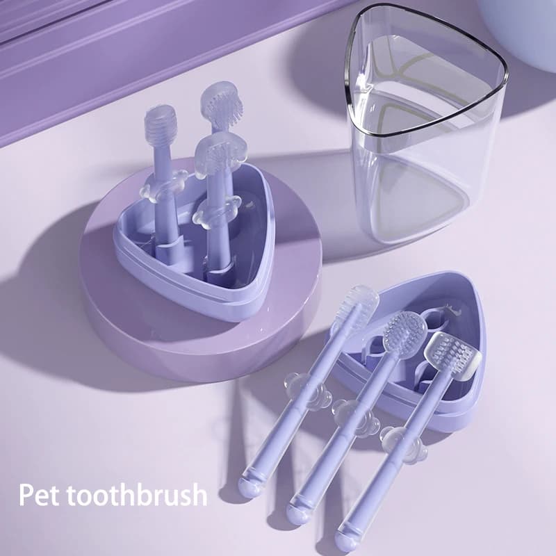 Set di 3 Spazzolini per Animali Domestici in Silicone Viola per Gatti, Rimuovono Alito Cattivo e Tartaro, Cura dei Denti, Pulizia della Bocca per Cani e Gatti