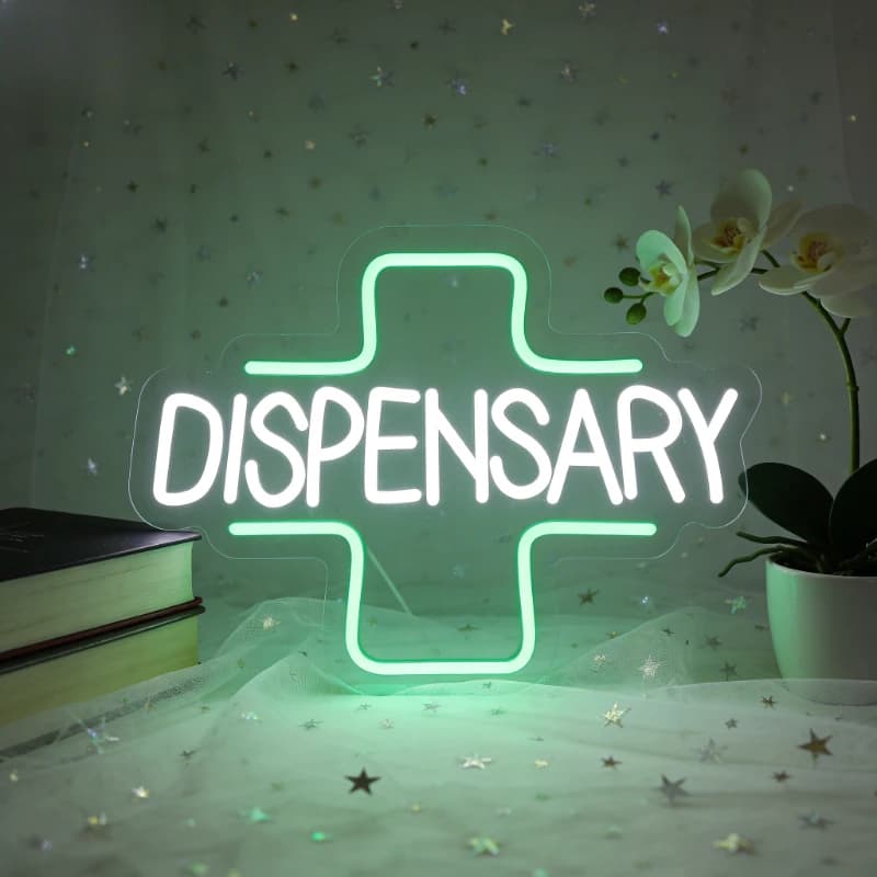 Insegna LED Neon per Dispensari, Lampada da Tavolo USB, Luce Estetica a Croce Verde per Decorazione Negozi di Marijuana, Regalo per Farmacie e Centri Medici
