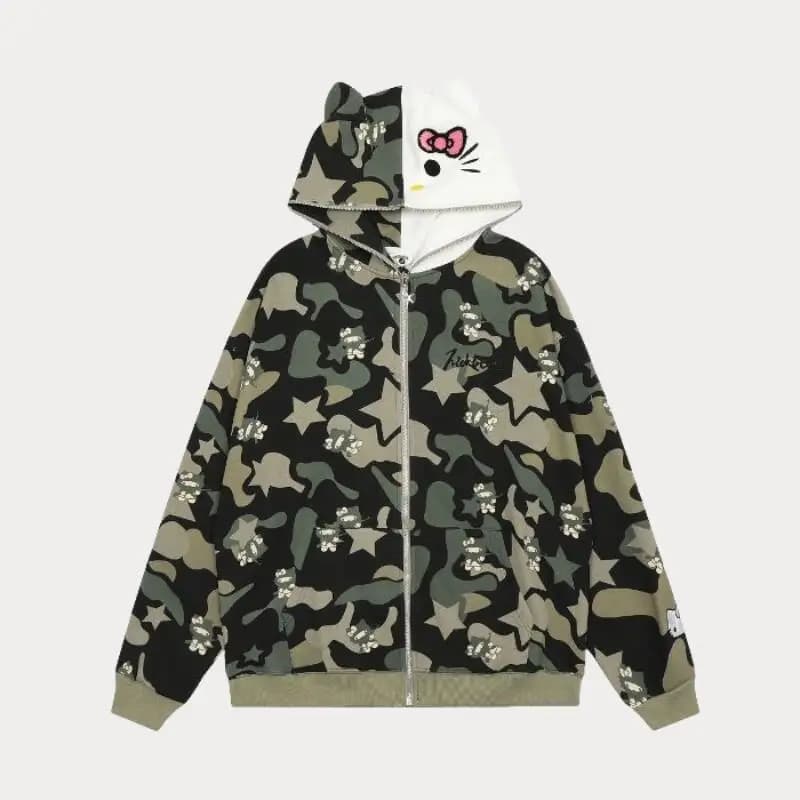 Giacca con Cappuccio Anime con Stampa Mimetica di Gattini Carini, Streetwear da Donna Y2K, Cappotto con Zip Kawaii, Capospalla Casual con Cartoni Animati