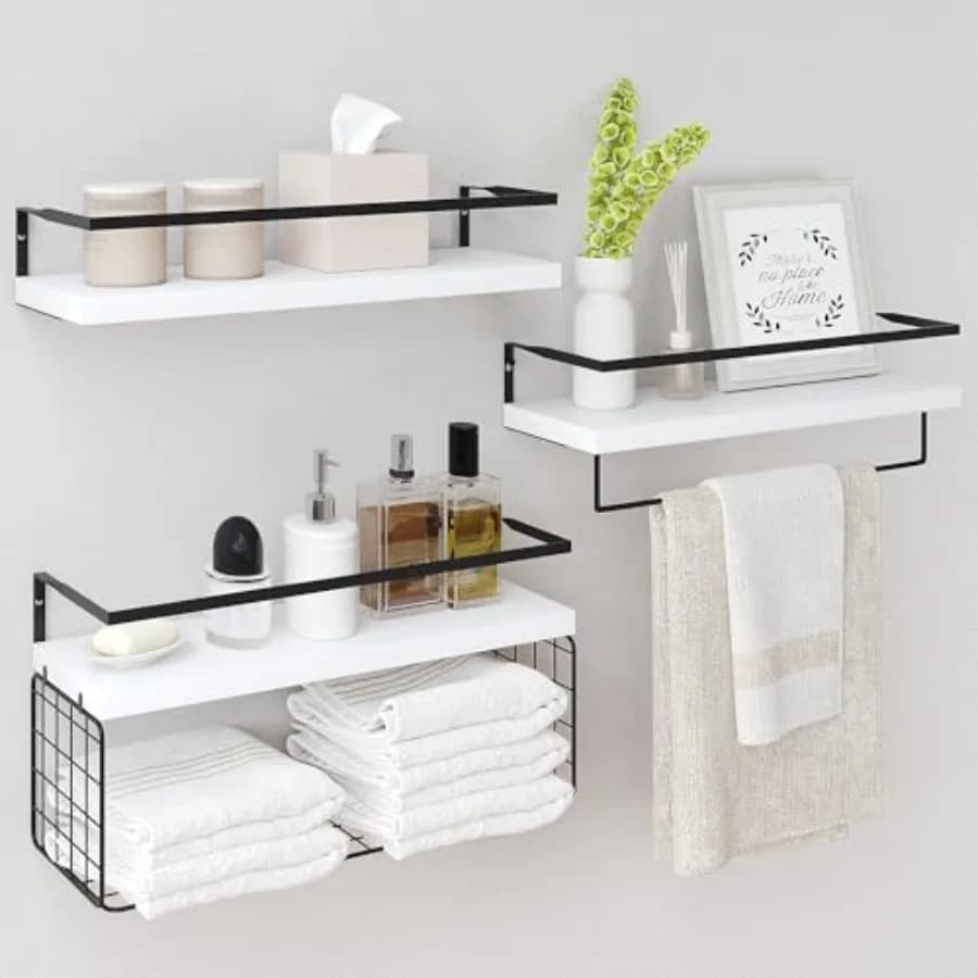 Set di 3 mensole galleggianti da parete in legno, stile rustico, da montare sopra il WC, con cestino portaoggetti in filo metallico e portasciugamani, set di 3 mensole galleggianti in stile rustico
