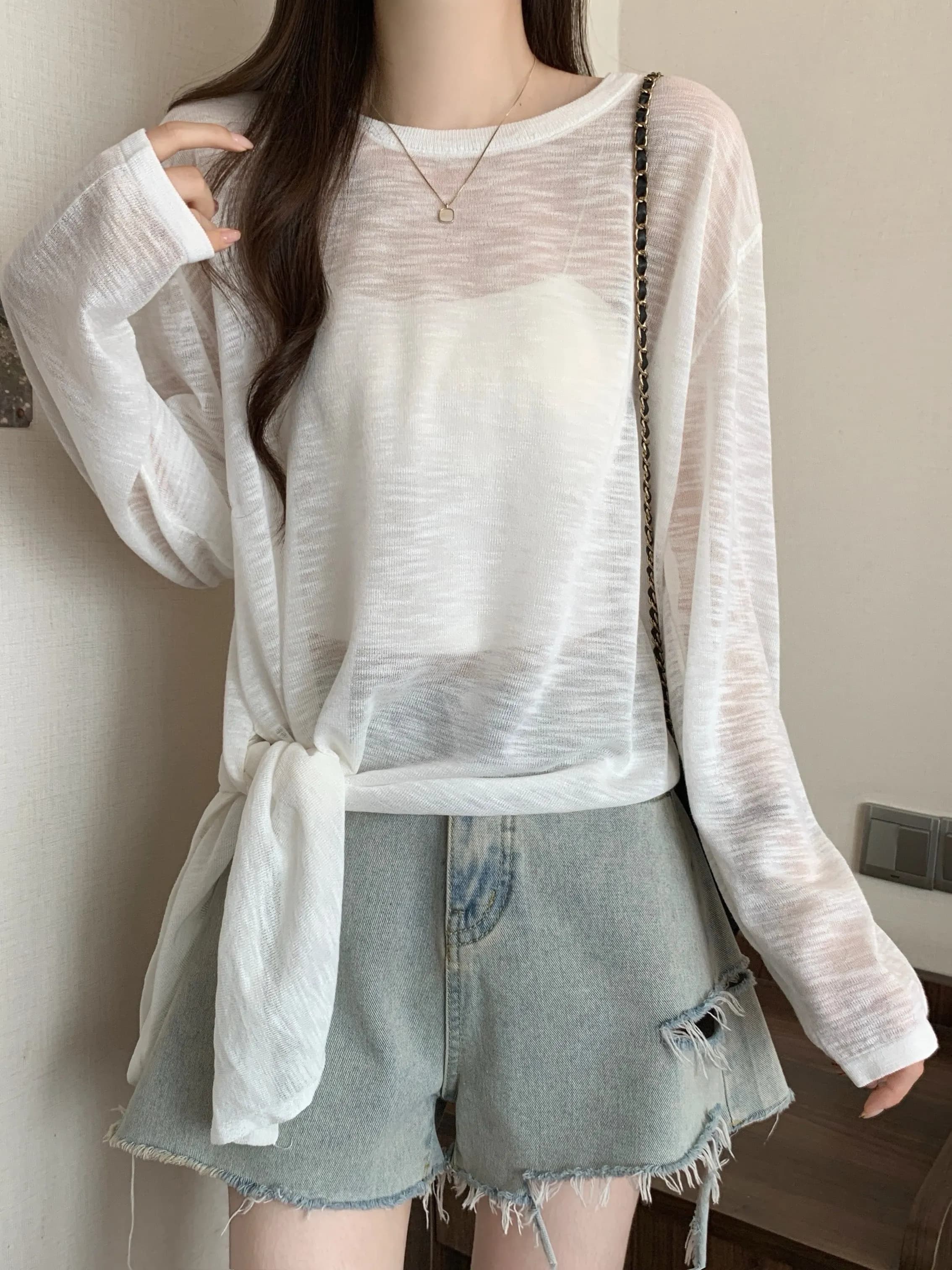 Ice Silk Long Sleeve Sun Protection T-Shirt Women's Thin Summer Clothes Large Size Fat MM Asymmetrical Belted Top Slightly Tr...