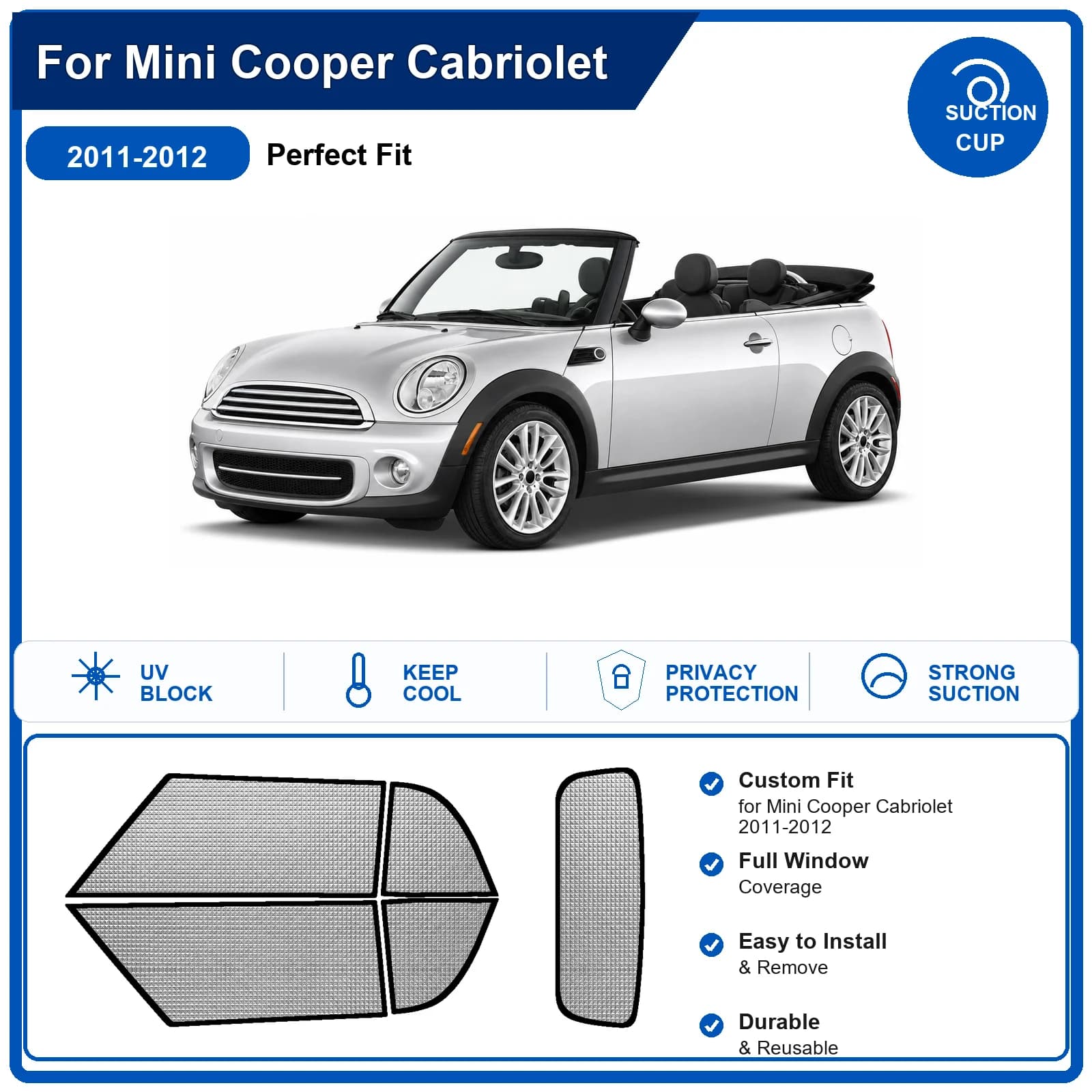 For Mini Cooper Cabriolet 2011-2012 Custom Full Set Windshield Sun Shade Aluminum Foil Heat Insulation Anti UV Foldable