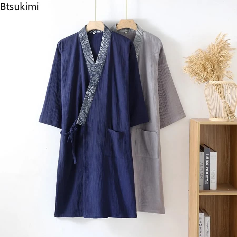 New 2026 Men's Bathrobe in Cotton Crepe Four Seasons Sleeveless Long Sleeves With Collection Of Rows Style Kimono for Bath and Sauna