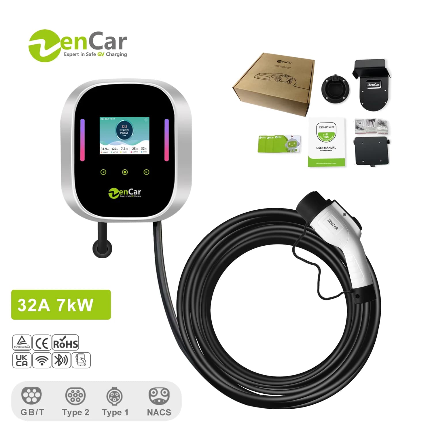 Zencar TUV Stazione di ricarica EV intelligente montata a parete 32A Caricatore EV monofase 7,4 kW Wallbox Wifi APP OCPP con spina Type 1/Type 2/GBT