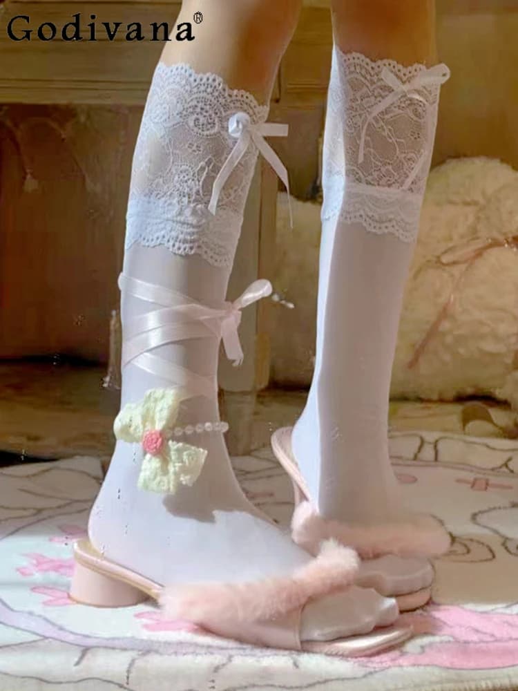 Calzini impilabili per ragazze dolci e carine con fiocco in pizzo bianco originale giapponese, calzini al polpaccio a tubo cavo stile balletto