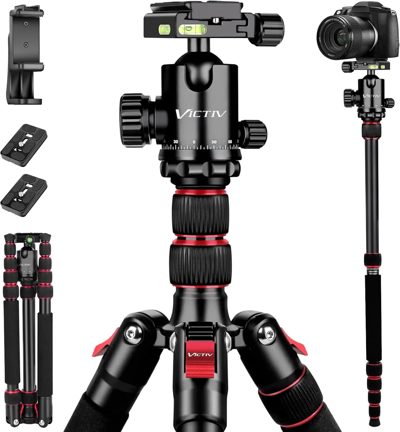 Treppiede per Fotocamera in Alluminio Resistente da 80 Pollici con Rotazione a 360 Gradi ° Supporto a sfera, supporto per telefono e borsa per il trasporto, carico massimo 34 libbre