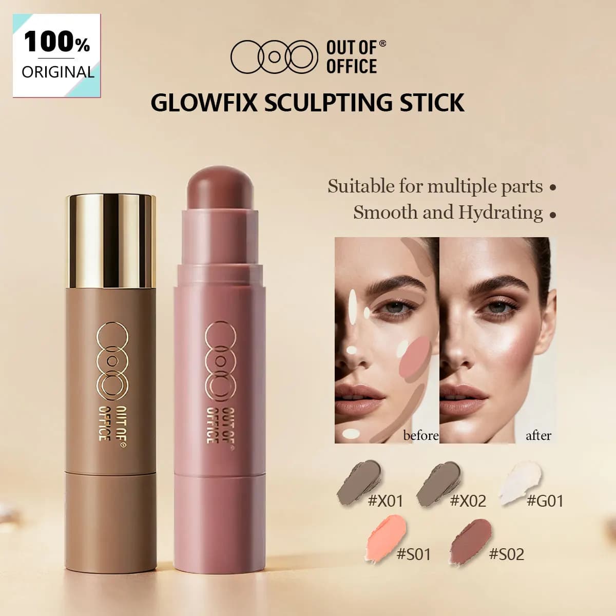 OUT OF OFFICE GLOWFIX SCULPTING STICK, Copertura modulabile, Lunga durata e facile da sfumare, Design a rotazione, Modellamento del viso, Luminosità subtile