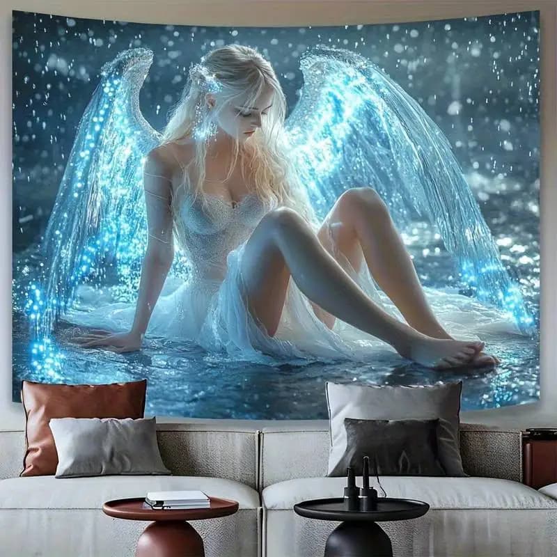 Enchanted Water Angel Tapestry - Glowing Wings & Moonlit Scene Wall Hanging for Fantasy Boho Home Decor