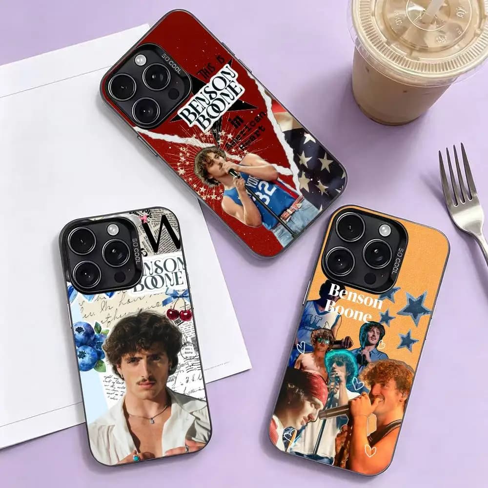 Cover per iPhone Benson B-Boone Pop Singer, colorata argento e nera, per modelli 17, 16, 15, 14, 13, 12, 11 Plus, Pro Max, XS