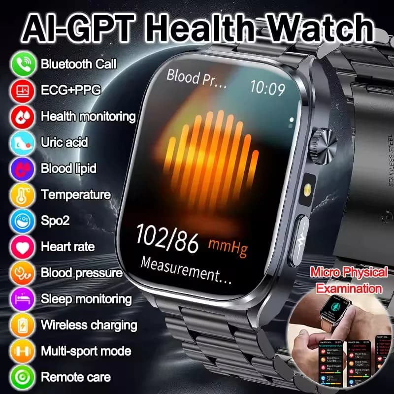 2026 New AI Health Detection ECG+PPG Smart Watch Uric Acid Blood Pressure Blood Oxygen Body Analysis HD Bluetooth Call Watch Men