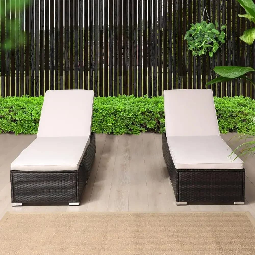 Set of 2 Outdoor Patio Chaise Lounges, PE Wicker Garden Chairs, Poolside Loungers with Cushions and Adjustable Backrest