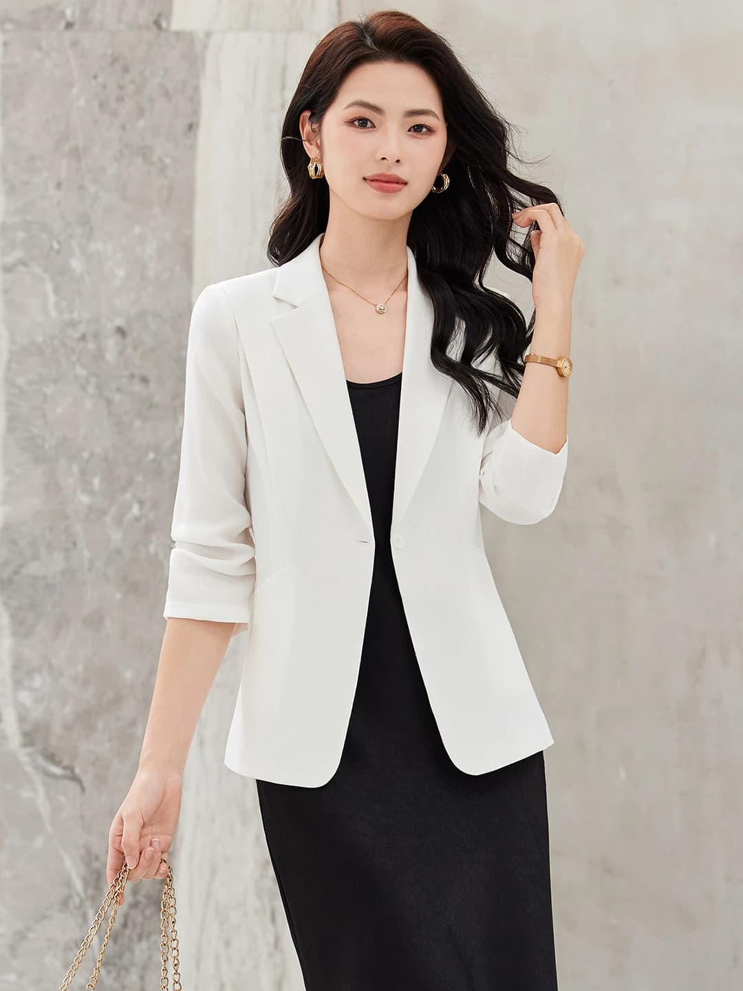 Women's Slim Fit Suit Jacket 3/4 Sleeve Commute Style Fashionable Workwear Polyester Fiber One Button Closure Regular Length