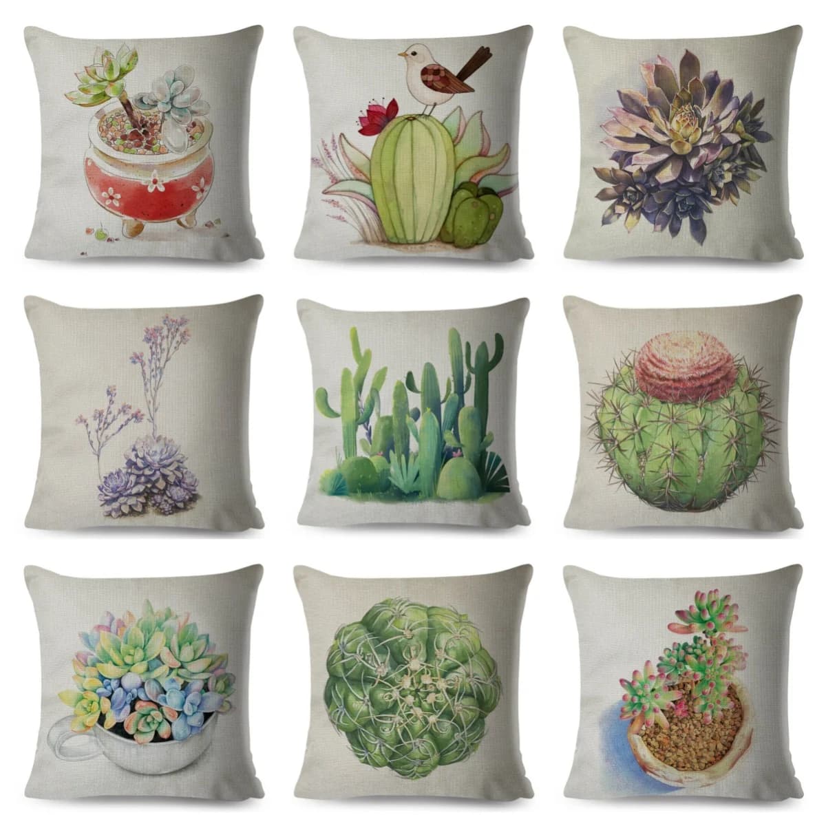 1 federa per cuscino con stampa 2D fronte-retro in poliestere, motivo cactus succulente acquerello, decorazione floreale con piante verdi, federa decorativa