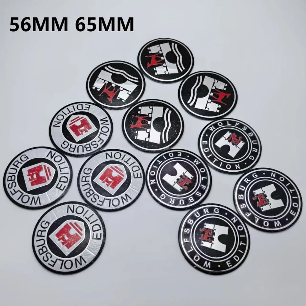 4 adesivi per auto con emblema Wolfsburg da 56 mm e 65 mm, accessori per coprimozzi ruota, tappi coprimozzo, distintivi per cerchioni, coperture antipolvere