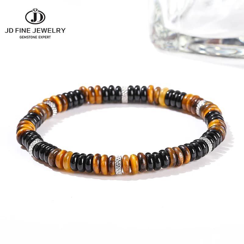 JD Bracciale distanziatore in acciaio inossidabile con perline piatte in agata nera con occhio di tigre giallo naturale per gioielli da yoga per la protezione della salute degli uomini
