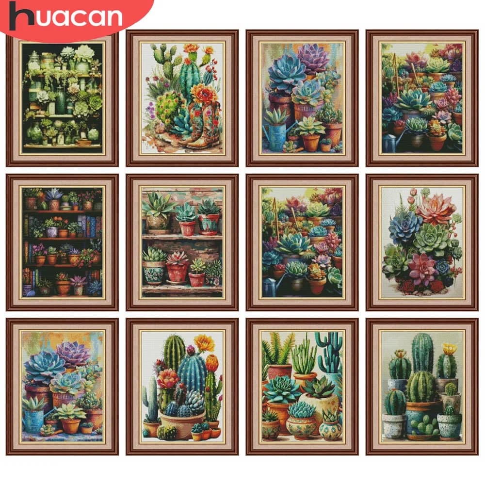 HUACAN 11CT Cross Stitch Kits Succulent Plant Flower Handicrafts Embroidery Sets Floral Home Decor Needlework Wall Decor