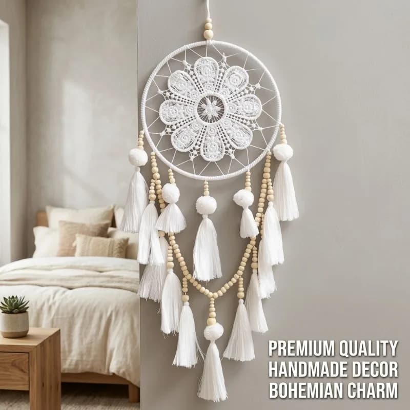 Handmade Bohemian Dream Catcher Wall Hanging with Tassels, Bedroom Home Decor Indoor Boho Beaded Room Ornament
