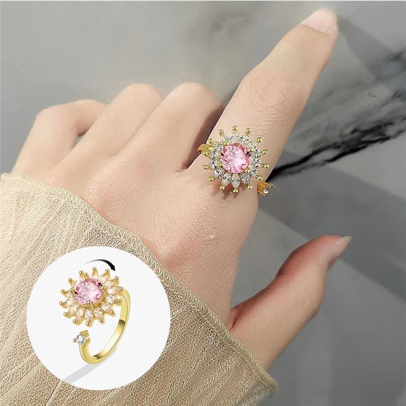 Anello a spirale con girandola rosa girasole alla moda per le donne Anello agitatore antistress simulato liberamente Regali di gioielli in cristallo grande