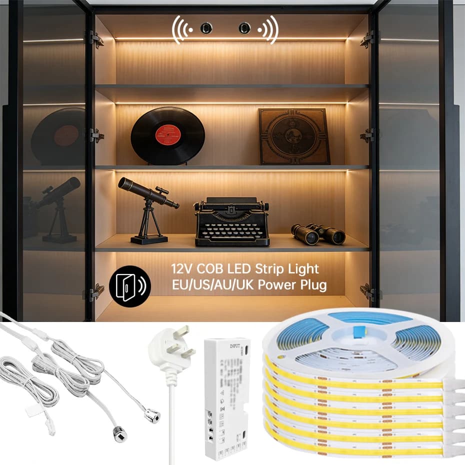 1M-5M LED Cabinet Strip DC12V COB Strip with Double Door Sensor Switch Auto ON/OFF for Kitchen Shelf Pantry Showcase Lighting