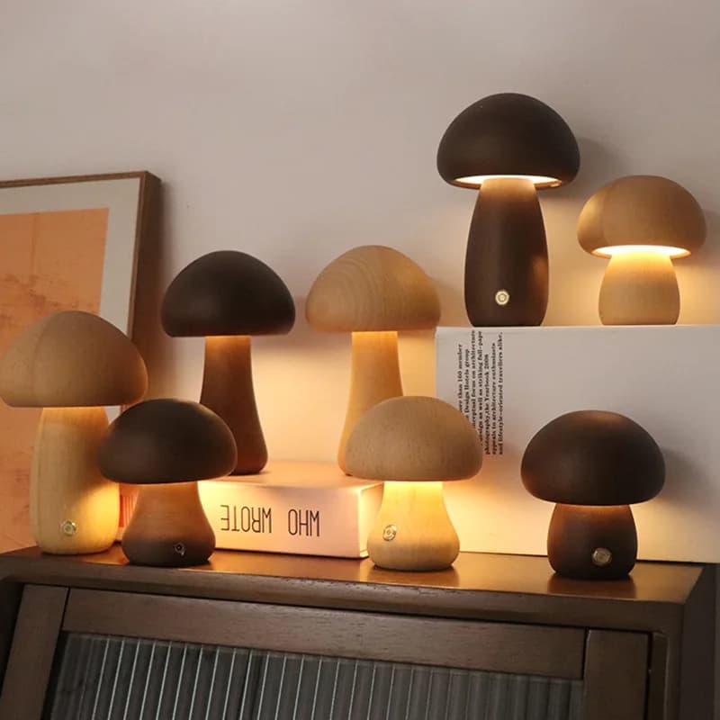 Unique European style dimmable wooden desk lamp battery powered decorative mushroom lampshade restaurant hotel wedding