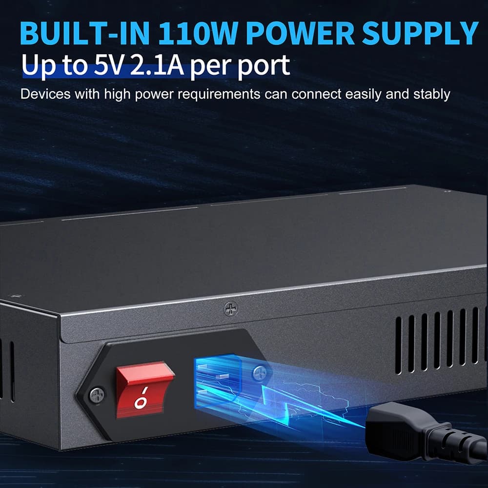 High Power 10 Port USB 3.0 Powered Hub with 5V 22A Industrial Power Adapter