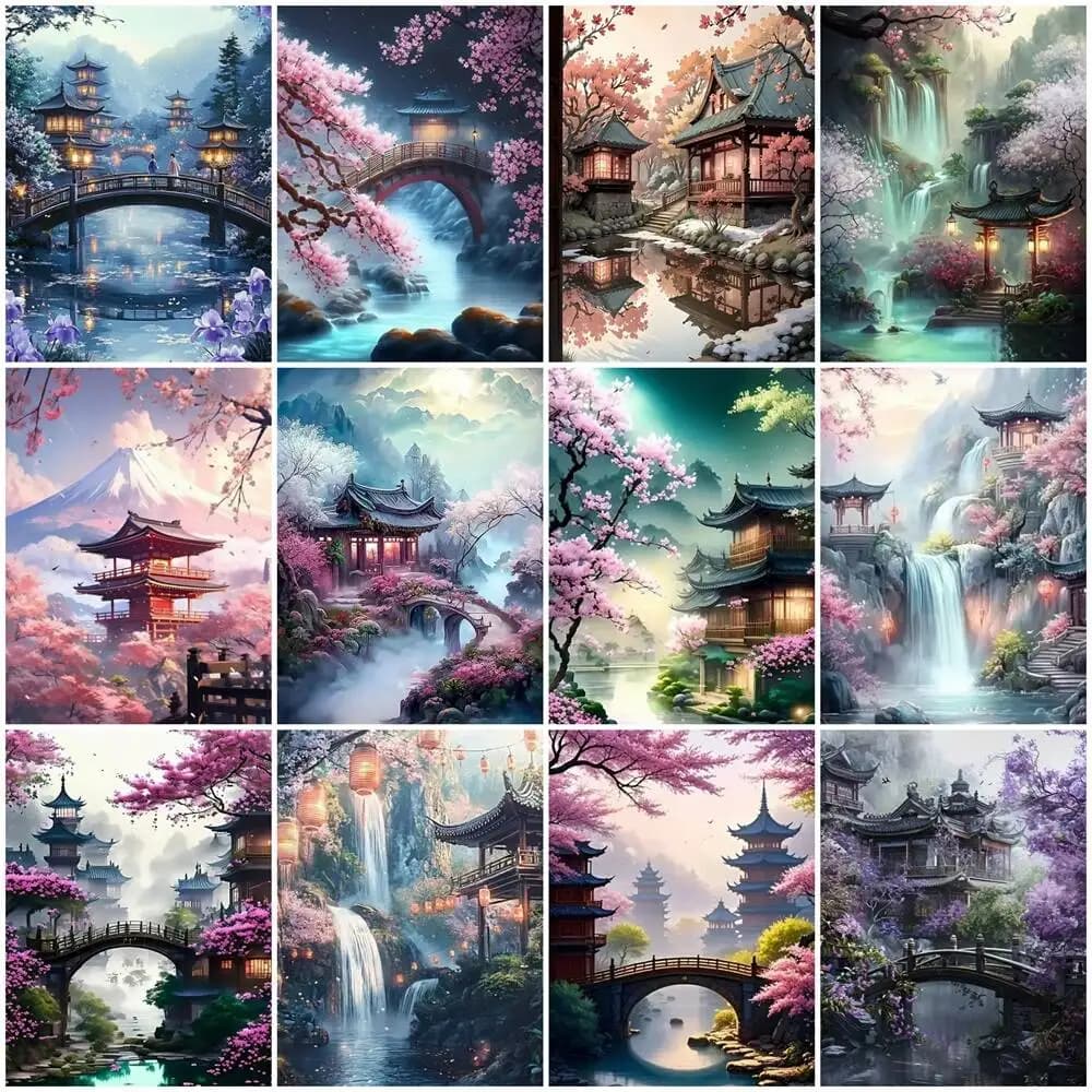 EverShine DIY Diamond Painting House Pavilion Scenery Full Drill Embroidery Tree Mountain Waterfall Mosaic Japanese Home Decor