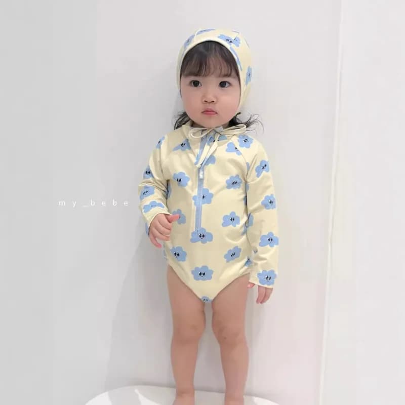 Abbigliamento per Bambini Coreano, Nuova Collezione Primavera/Estate 2026, Costume da Bagno Intero a Maniche Lunghe con Motivo Nuvole e Fiori per Bambina, Pantaloni e Cuffia da Nuoto