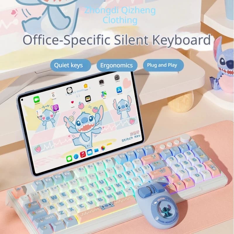 Set tastiera e mouse silenziosi Disney Stitch, cablati, wireless, Bluetooth, retroilluminati RGB, per scrivania da ufficio femminile