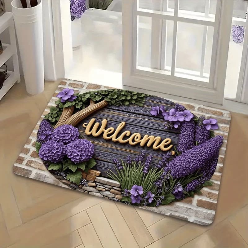 Lavender Theme Welcome Entrance Mat, Non-Slip Washable Floor Rug, Floral Home Decor Carpet
