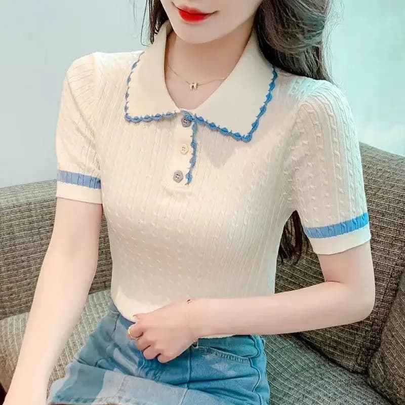 Polo in seta di ghiaccio Golf Donna Estate Maglieria a maniche corte T-shirt Sottile Dolce Sottile Maglia corta Top Bottoni Patchwork Tees Chic