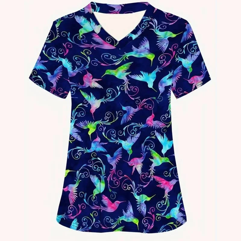 Surgical Uniform with cartoon Print for Women, Dental Nurse Top, V-Neck, Short Sleeve, Micro-Elastic