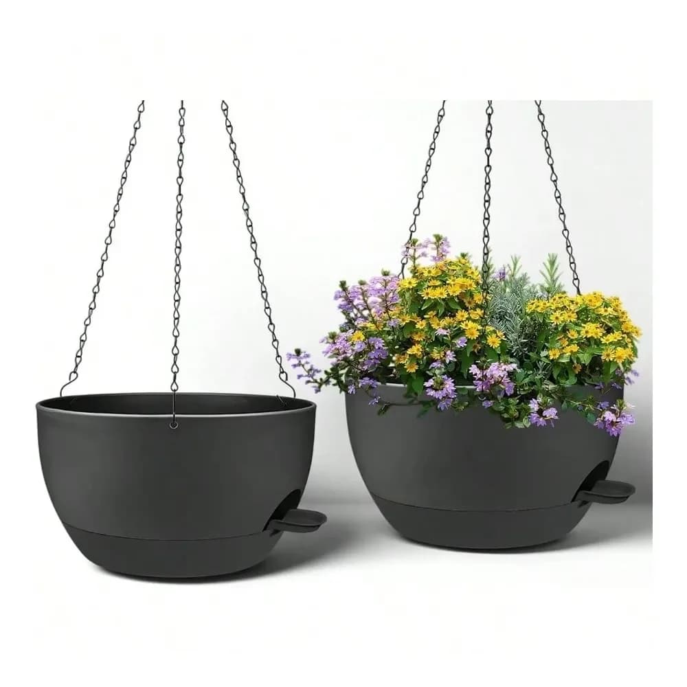 Set di 2 Vasi Sospesi Grandi da 12 Pollici con Catene, Autoirriganti, in Plastica Nera per Piante da Interno ed Esterno, Giardino e Terrazzo