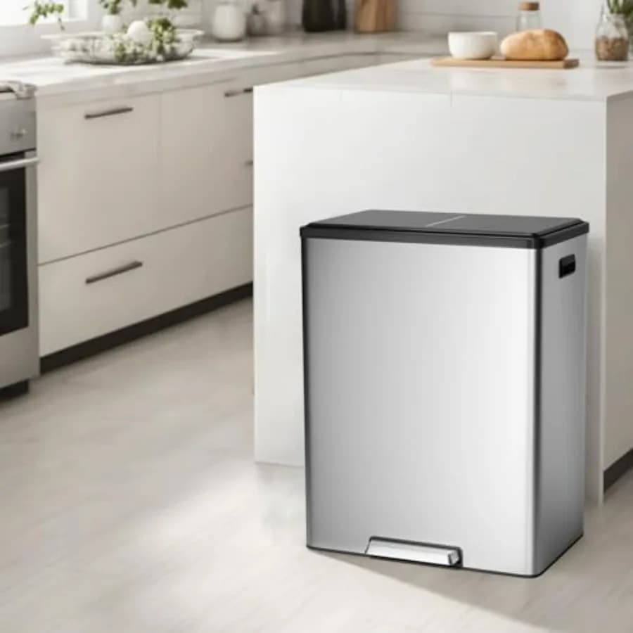 Doppio Cestino per Rifiuti 2 x 8 Galloni 2 x 30L in Acciaio Inox con Bidone per Riciclaggio, Coperchio a Chiusura Morbida, Pattumiera a Pedale Argento - con