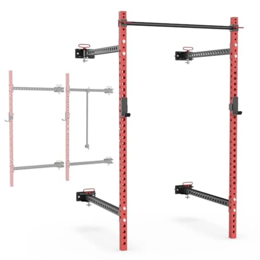 Gym folding squat rack for home use, steel construction, black finish, 750lb capacity with J-cups and adjustable pull-up bar