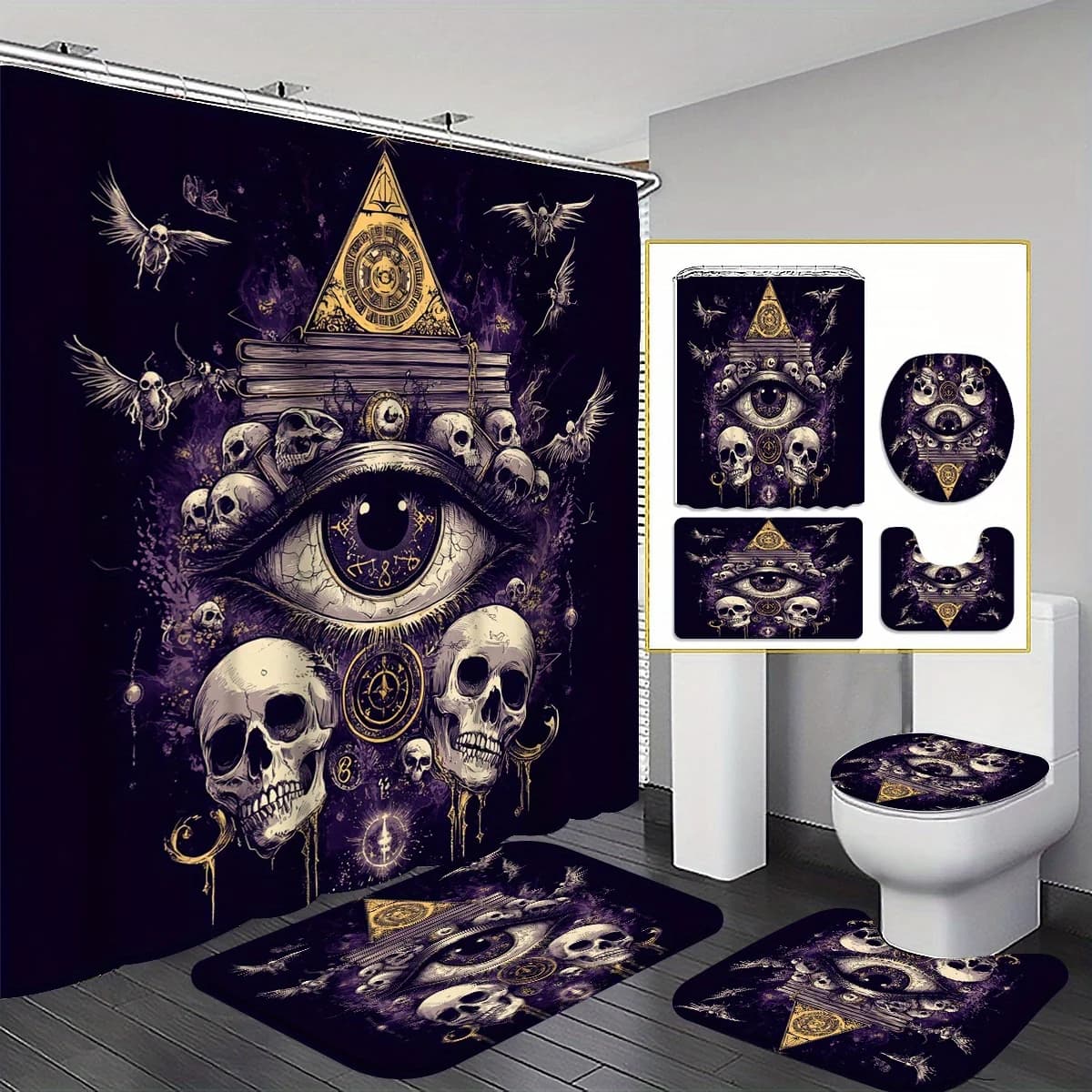 Set di tende da doccia con motivo piramidale di teschio e occhio misterioso scuro da 4 pezzi, tende da bagno, decorazioni per il bagno, tende da doccia, tappetino
