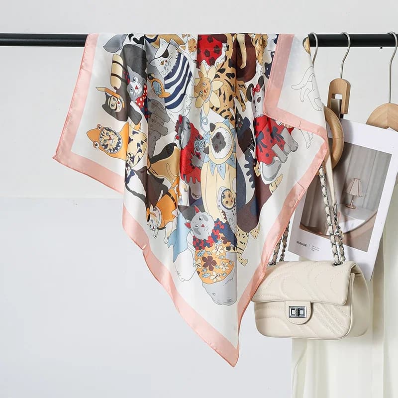 Sciarpa di seta quadrata di marca di lusso Scialle da donna Fasce Piccolo collo morbido Fazzoletto da collo con stampa gatto Bandana femminile Sciarpe Hijab in raso 70 cm