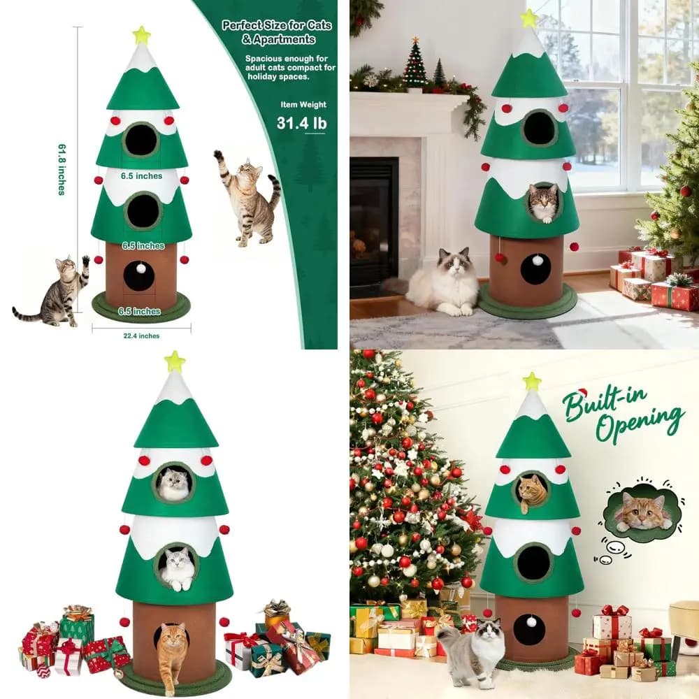 Torre per albero di Natale per gatti da interni, 62 casette festive per gattini multilivello con ornamenti, sicura e amichevole