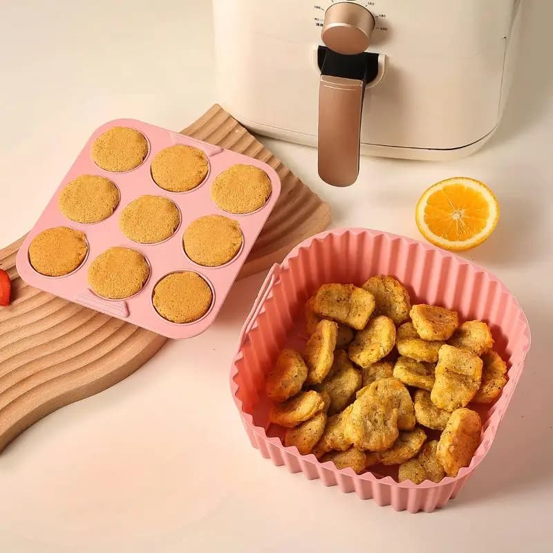 2 teglie antiaderenti con stampi per cupcake per una cucina sana, utensili da cucina, rivestimenti quadrati in silicone per friggitrice ad aria e teglia per muffin