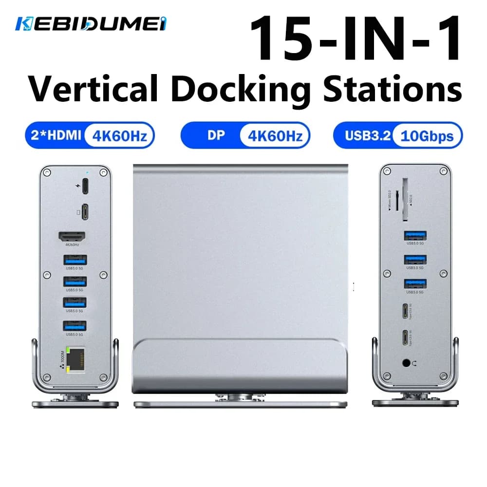 KEBIDUMEI 15 In 1 Vertical Docking Stations TYPE C HUB USB3.0 4K60Hz DisplayPort RJ45 1000Mbps SD TF 3.5mm Adapter For Laptop PC