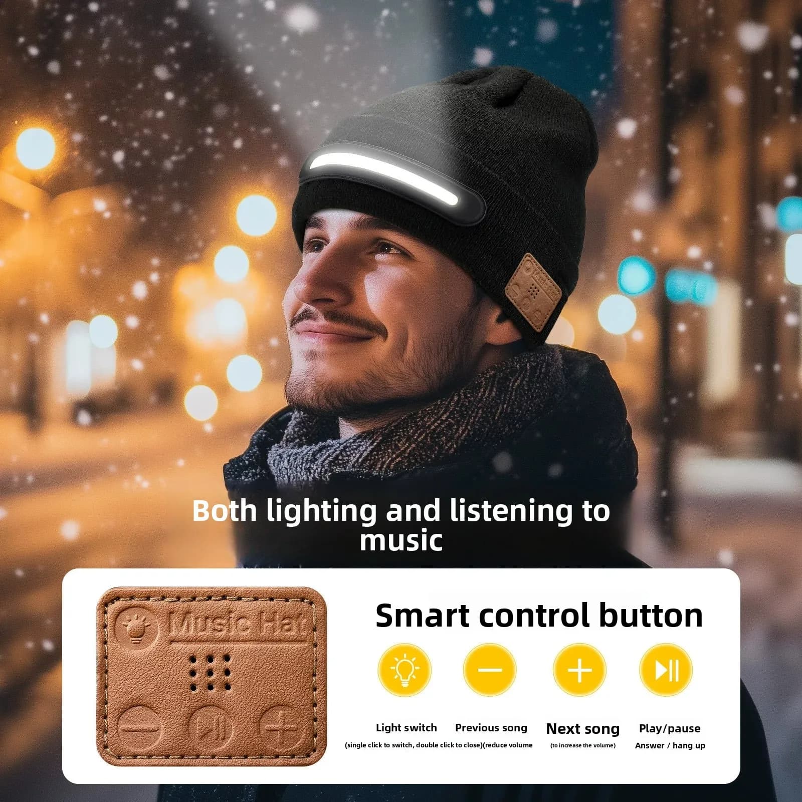 Wireless LED Hat with Music and Bluetooth Headphones, Unisex Winter Cap Hot with Front Light, Knit Hat with Night Torch
